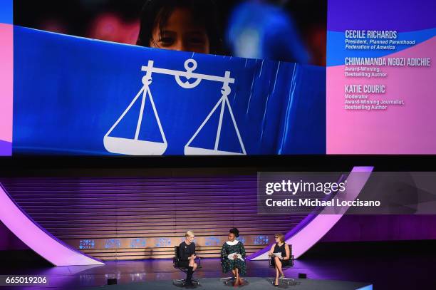 Cecile Richards, Chimamanda Ngozi Adichie, Katie Couric speaks at the Eighth Annual Women In The World Summit at Lincoln Center for the Performing...