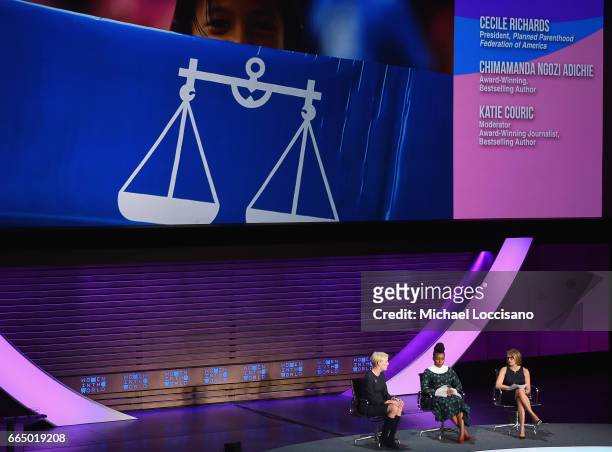Cecile Richards, Chimamanda Ngozi Adichie, Katie Couric speaks at the Eighth Annual Women In The World Summit at Lincoln Center for the Performing...