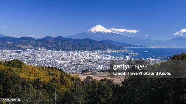 mt.fuji and fuji city - 静岡県 stockfoto's en -beelden