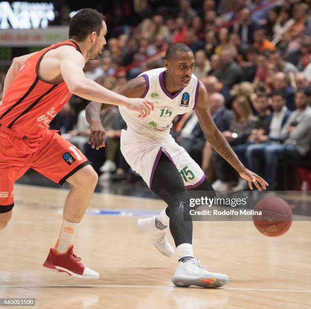 Jamar Smith, #15 of Unicaja Malaga in action during the 2016-2017 7Days Eurocup Finals Leg 3 Valencia Basket v Unicaja Malaga at Pabellon Fuente de...