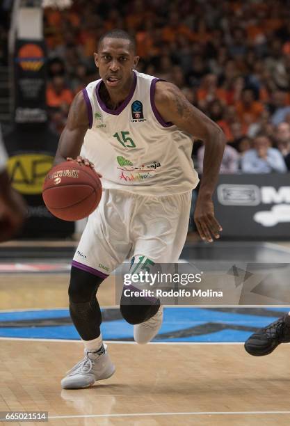 Jamar Smith, #15 of Unicaja Malaga in action during the 2016-2017 7Days Eurocup Finals Leg 3 Valencia Basket v Unicaja Malaga at Pabellon Fuente de...