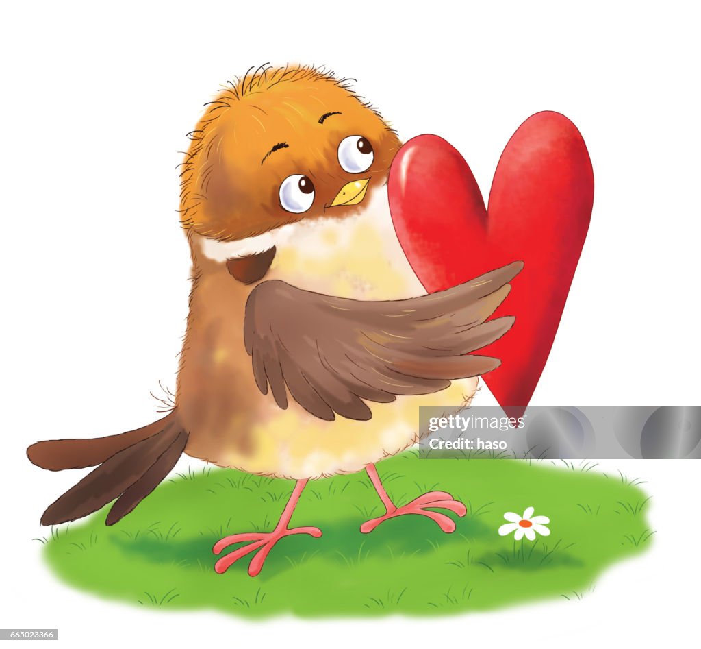 Un Pequeño Pájaro Lindo Con Un Corazón Rojo Ilustración Para Niños Tarjeta  De Felicitación Personaje De Dibujos Animados Divertido Ilustración de  stock - Getty Images
