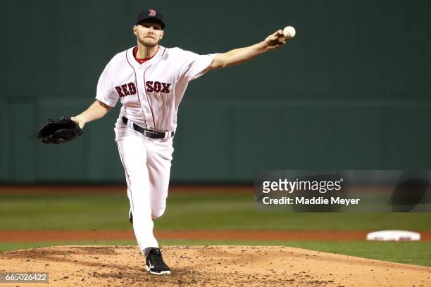 Chris Sale of the Boston Red Sox pitches against the Pittsburgh Pirates during the fourth inning at Fenway Park on April 5, 2017 in Boston,...