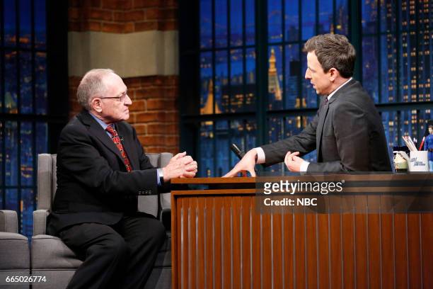 Episode 514 -- Pictured: Author Alan Dershowitz during an interview with host Seth Meyers on April 5, 2017 --