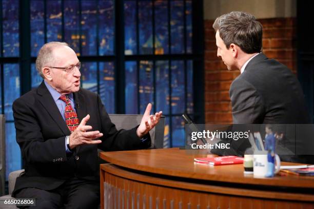 Episode 514 -- Pictured: Author Alan Dershowitz during an interview with host Seth Meyers on April 5, 2017 --