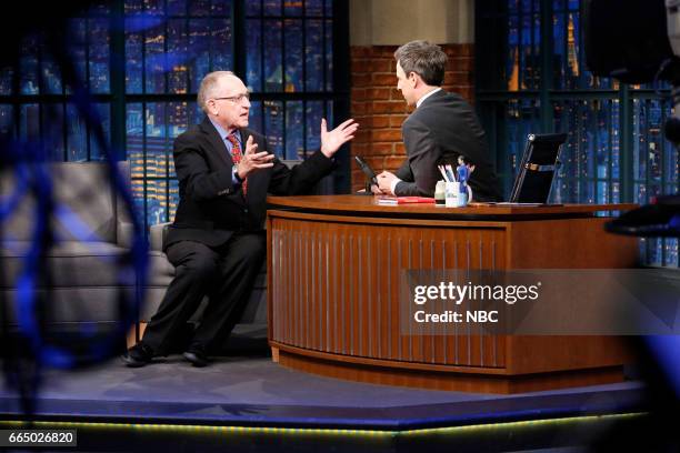 Episode 514 -- Pictured: Author Alan Dershowitz during an interview with host Seth Meyers on April 5, 2017 --