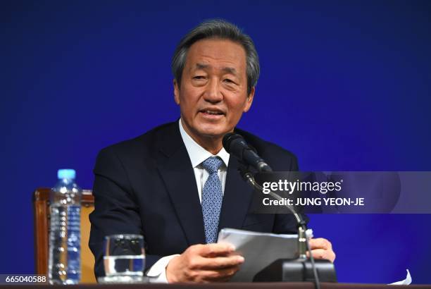 Former FIFA vice president Chung Mong-Joon speaks during a press conference in Seoul on April 6, 2017. South Korean tycoon Chung Mong-Joon on April 6...