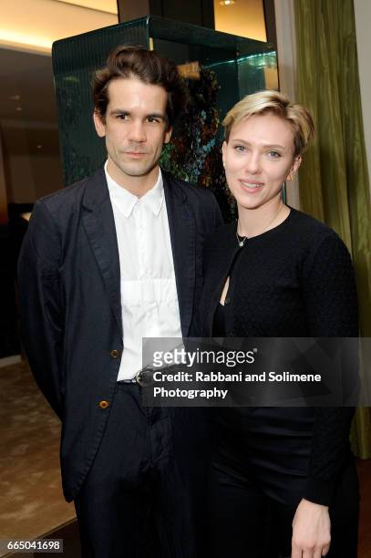 Romain Dauriac and Scarlett Johansson attend the Singular Object Art Opening Cocktail Reception at 53W53 Gallery on April 5, 2017 in New York City.