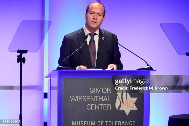 Jerusalem Mayor Nir Barkat attends The Simon Wiesenthal Center's 2017 National Tribute Dinner at The Beverly Hilton Hotel on April 5, 2017 in Beverly...