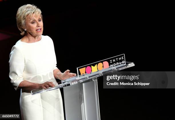 Tina Brown speaks on stage at the 8th Annual Women In The World Summit at Lincoln Center for the Performing Arts on April 5, 2017 in New York City.