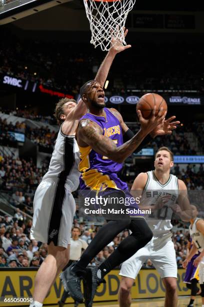 Thomas Robinson of the Los Angeles Lakers goes up for a lay up against the San Antonio Spurs on April 5, 2017 at the AT&T Center in San Antonio,...