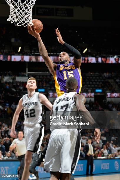 Thomas Robinson of the Los Angeles Lakers goes to the basket against the San Antonio Spurs on April 5, 2017 at the AT&T Center in San Antonio, Texas....