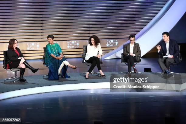 Journalists Maggie Lindsy Haberman, Barkha Dutt, Ece Temelkuran, Masha Gessen and David Remnick speak on stage at the 8th Annual Women In The World...