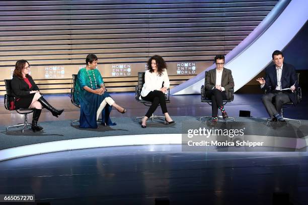 Journalists Maggie Lindsy Haberman, Barkha Dutt, Ece Temelkuran, Masha Gessen and David Remnick speak on stage at the 8th Annual Women In The World...