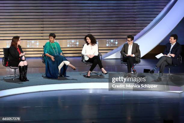 Journalists Maggie Lindsy Haberman, Barkha Dutt, Ece Temelkuran, Masha Gessen and David Remnick speak on stage at the 8th Annual Women In The World...