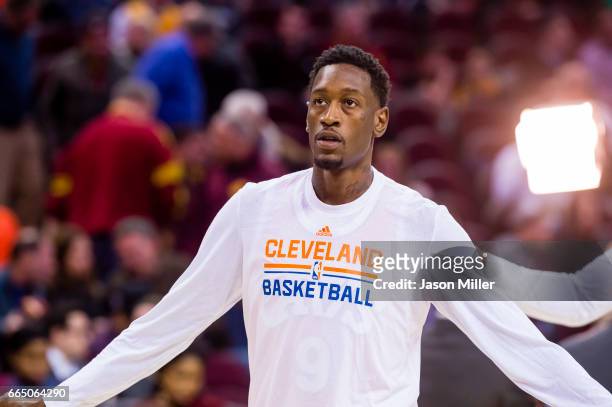 Larry Sanders Cleveland Cavaliers warms up on the court against the Detroit Pistons at Quicken Loans Arena on March 14, 2017 in Cleveland, Ohio. The...
