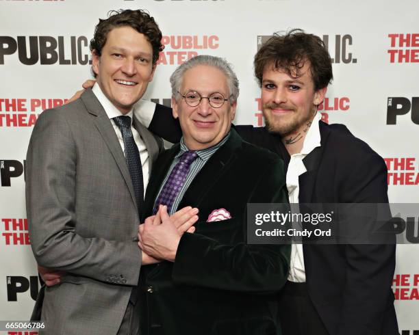 Actors Gabriel Ebert, Harvey Fierstein and Christopher Sears attend the "Gently Down the Stream" opening night at The Public Theater on April 5, 2017...