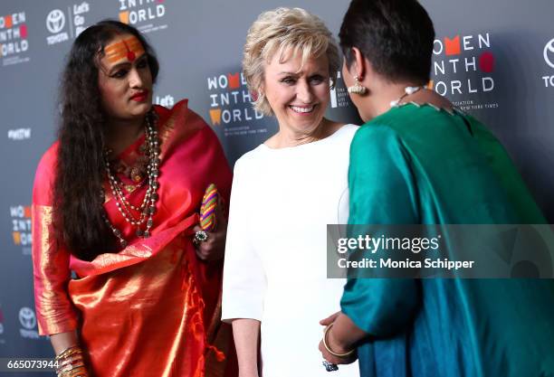 Laxmi Narayan Tripathi, Tina Brown and Barkha Dutt attend the 8th Annual Women In The World Summit at Lincoln Center for the Performing Arts on April...