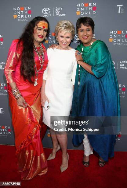 Laxmi Narayan Tripathi, Tina Brown and Barkha Dutt attend the 8th Annual Women In The World Summit at Lincoln Center for the Performing Arts on April...