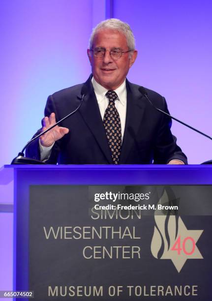 NBCUniversal Vice Chairman Ron Meyer speaks onstage at The Simon Wiesenthal Center's 2017 National Tribute Dinner at The Beverly Hilton Hotel on...