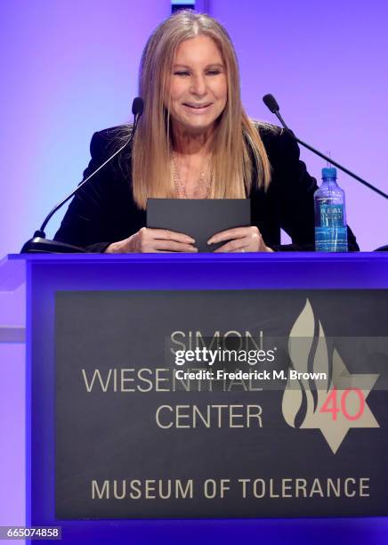Recording artist Barbra Streisand speaks onstage at The Simon Wiesenthal Center's 2017 National Tribute Dinner at The Beverly Hilton Hotel on April...