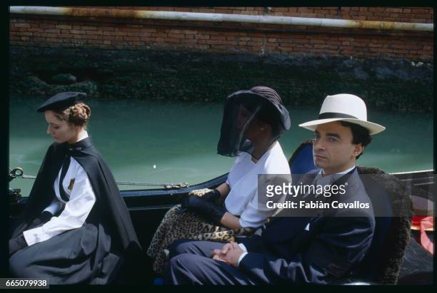 Actors Barbara Cupisti, Franco Branciaroli and Stefania Sandrelli on a Venice gondola in a scene from the movie The Key , directed by Tinto Brass....