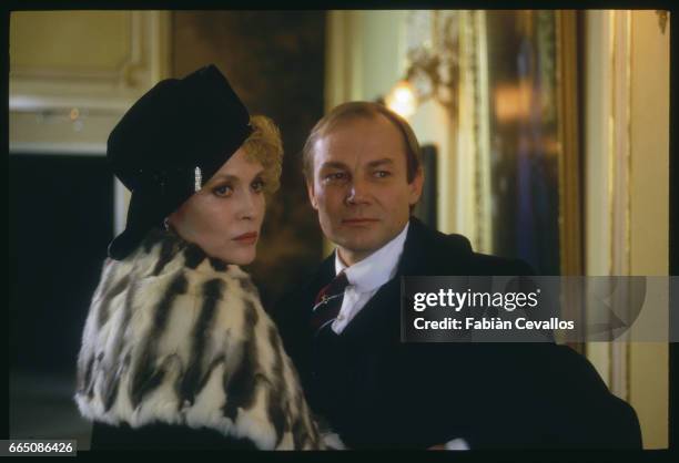 American actress Faye Dunaway and Austrian actor Klaus Maria Brandauer perform on the set of the 1988 movie Burning Secret, or Brennendes Geheimnis...