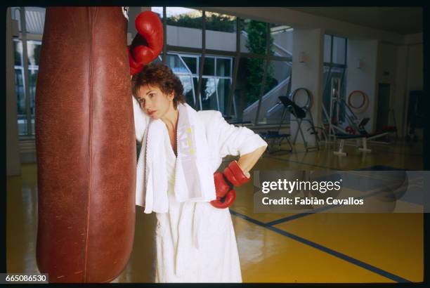 Marlene Jobert boxing at the Ken Club in Paris.