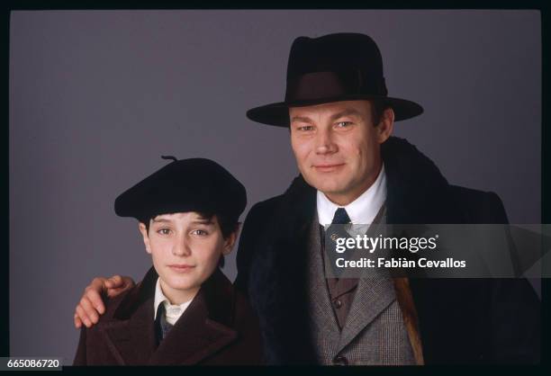 Young actor David Eberts and Austrian actor Klaus Maria Brandauer pose for a portrait during the shooting of the 1988 movie Burning Secret, or...
