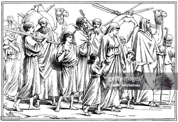 moses leading the exodus of israelites from egypt - israel people stock illustrations