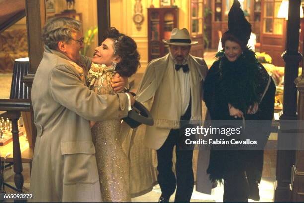 French actors Claude Rich, Fanny Ardant, Jean Yanne and Dominique Lavanant on the set of Désiré directed by French director Bernard Murat, based on...