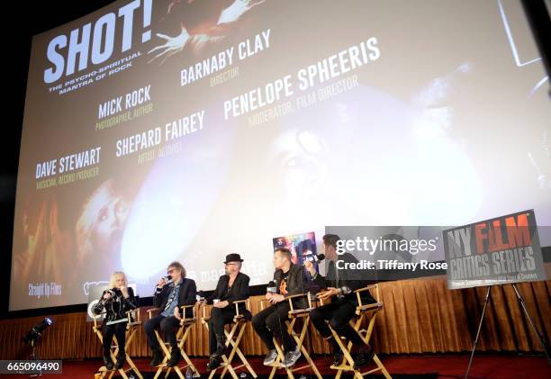 Director Penelope Spheeris, photographer Mick Rock, musician Dave Stewart, artist Shepard Fairey and director Barnaby Clay speak onstage during...
