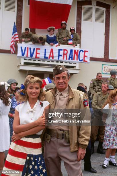 Natty Belmondo and husband, French actor Jean-Paul Belmondo on the set of the film "Les Miserables", directed by French director Claude Lelouch and...