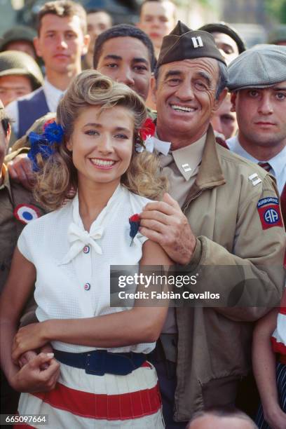 Natty Belmondo and husband, French actor Jean-Paul Belmondo on the set of the film "Les Miserables", directed by French director Claude Lelouch and...