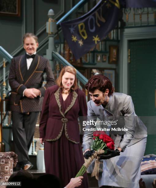Kevin Kline, Kristine Nielsen and Cobie Smulders during Broadway opening night curtain call for 'Present Laughter' at the St. James Theatre on April...