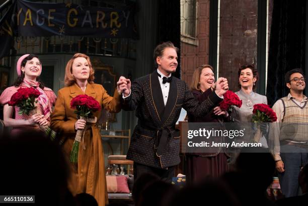 Tedra Millan, Kate Burton, Kevin Kline, Kristine Nielsen, Cobie Smulders and Bhavesh Patel during curtain call of "Present Laughter" opening night at...