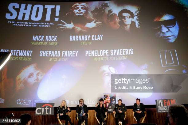 Director Penelope Spheeris, photographer Mick Rock, musician Dave Stewart, artist Shepard Fairey and director Barnaby Clay speak onstage during...