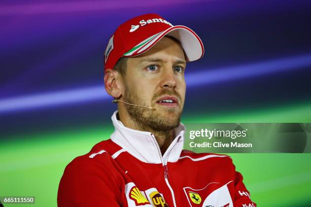 Sebastian Vettel of Germany and Ferrari in the Drivers Press Conference during previews to the Formula One Grand Prix of China at Shanghai...