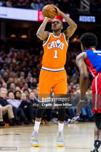 James Jones of the Cleveland Cavaliers shoots during the second half against the Detroit Pistons at Quicken Loans Arena on March 14, 2017 in...
