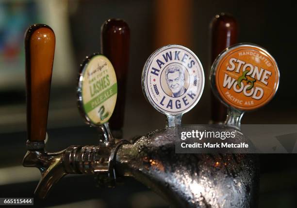 Hawke's Brewing Company draught tap is seen behind the bar at the launch of Hawke's Lager at The Clock Hotel on April 6, 2017 in Sydney, Australia....