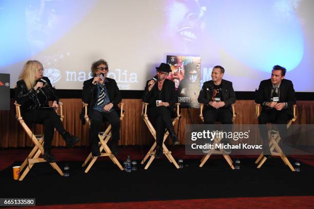 Director Penelope Spheeris, photographer Mick Rock, musician David A. Stewart, Shepard Fairey and director Barnaby Clay speak onstage at the...