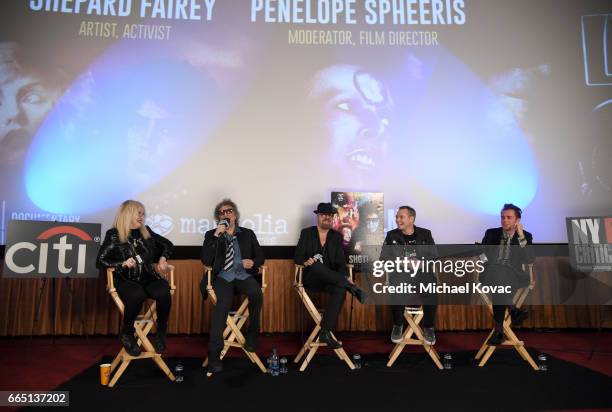 Director Penelope Spheeris, photographer Mick Rock, musician David A. Stewart, Shepard Fairey and director Barnaby Clay speak onstage at the...