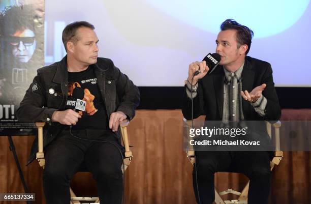 Shepard Fairey and director Barnaby Clay speak onstage at the screening for "SHOT! The Psycho Spiritual Mantra of Rock" at The Grove presented by...