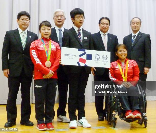 Weightlifter Hiromi Miyake and wheelchair tennis player Yui Kamiji participate in an event held by the 2020 Tokyo Olympic and Paralympic organizing...