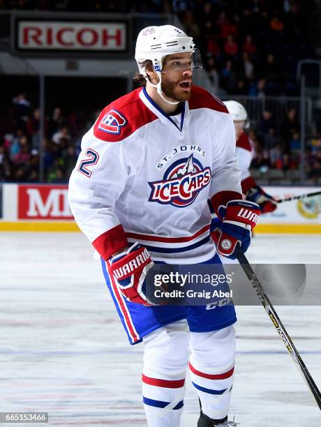 Zach Redmond of the St. John's IceCaps watches the play develop against the Toronto Marlies during AHL game action on April 4, 2017 at Ricoh Coliseum...