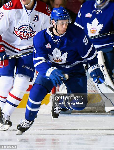 Steven Oleksy of the Toronto Marlies skates up ice against St. John's IceCaps during AHL game action on April 4, 2017 at Ricoh Coliseum in Toronto,...