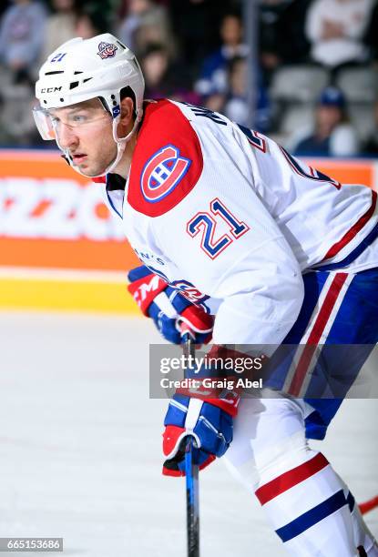Stefan Matteau of the St. John's IceCaps prepares for a face-off against the Toronto Marlies during AHL game action on April 4, 2017 at Ricoh...
