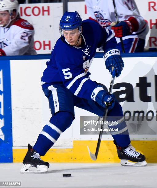 Steven Oleksy of the Toronto Marlies controls the puck against the St. John's IceCaps during AHL game action on April 4, 2017 at Ricoh Coliseum in...