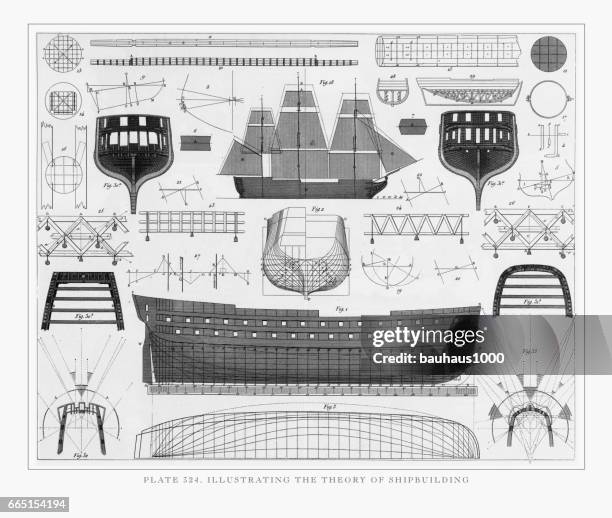 zur veranschaulichung der theorie der schiffbau gravur, 1851 - schiffsbug stock-grafiken, -clipart, -cartoons und -symbole