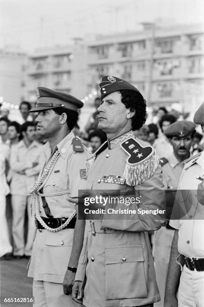 Libyan chief of state Muammar al-Qaddafi attends a 1981 graduation at the women's military academy in Tripoli. The academy opened in 1979 during...